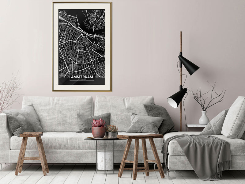 Poster - City Map: Amsterdam (Dark)  - goud passepartout